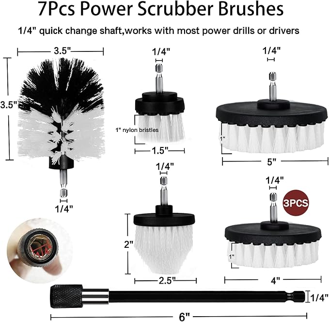 Drill Brush Attachment Set, 7 Pack 1/4in Power Scrubber Brush + Extend Long Rod, Power Cleaning Scrub Brush for Bathroom, Tub, Tile, Floor, Grout, Boat(White)