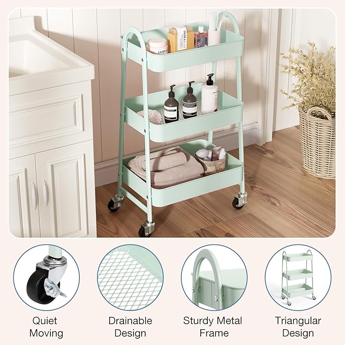 OLIXIS 3 Tier Utility Rolling Cart with Lockable Caster Wheels, Metal Mobile Storage Shelf, Organization for Livingroom, Bathroom & Narrow Places, Pale Green