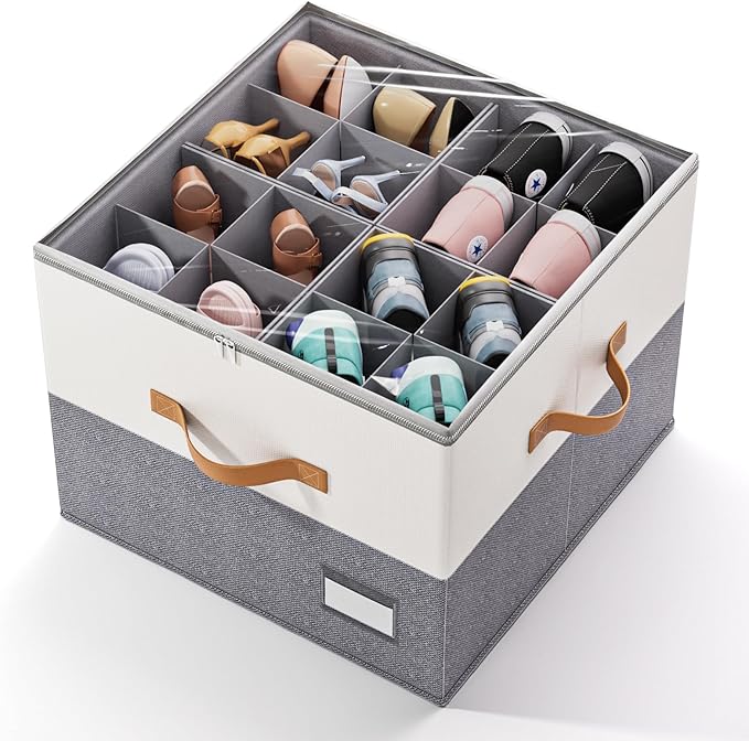 Dayacoco 1 Pack Shoe Organizer for Closet, Fits Up to 16 Pairs, Foldable Shoe Storage Organizer, shoe containers with Clear Cover, Large Shoe Boxes Boot Storage, Adjustable Dividers
