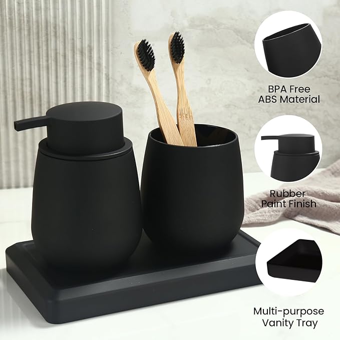 Black Bathroom Accessories Set, Modern 3 Pcs Bathroom Essentials - Soap Dispenser, Toothbrush Holder & Tray, Countertop Vanity Organizer (Black)