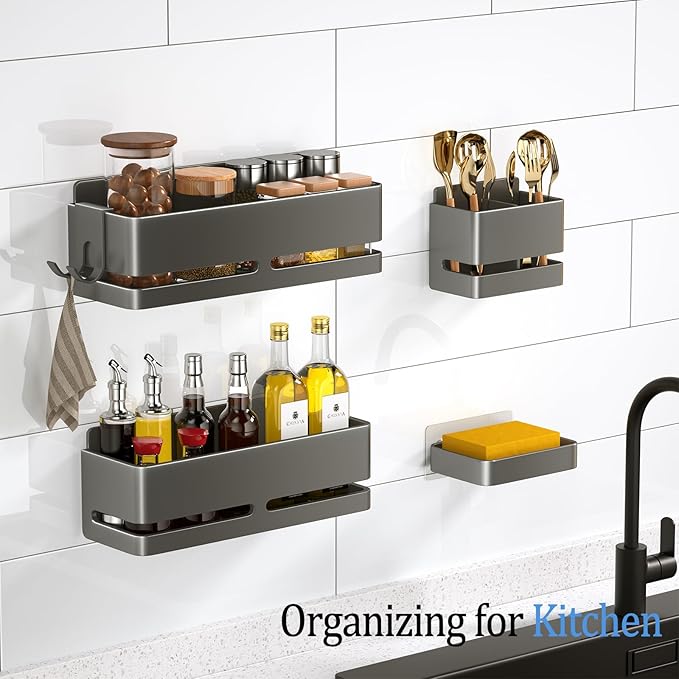 YESENT Bathroom Shower Caddy (5-Piece Set Storage Rack), Wall-Mounted Shelf with soap Dish and Toothbrush Holder, no Drilling Required, Ideal for Bathroom Storage and Also Suitable for Kitchen (Grey)