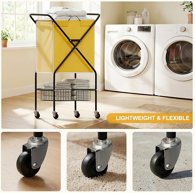 Convenient Laundry Basket with Wheels,36" High Easy Rolling Laundry Cart with Wheels,Heavy Duty Dirty Clothes Laundry Hamper with Handles Removable Bag for Seniors,Folding Metal Frame/Yellow/98L