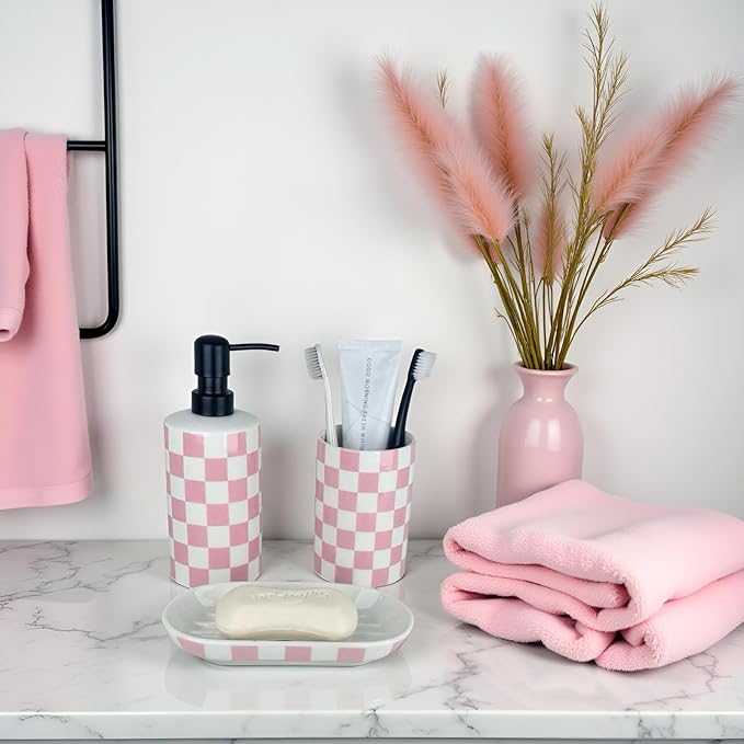 Pink Bathroom Toothbrush holder set, Cute Ceramic Bathroom Accessories, Includes Hand Soap Dispenser, Tooth Brush Holder, and Soap Dish, Funny Bathroom Accessories sets for Girls Woman Guest Bathrooms