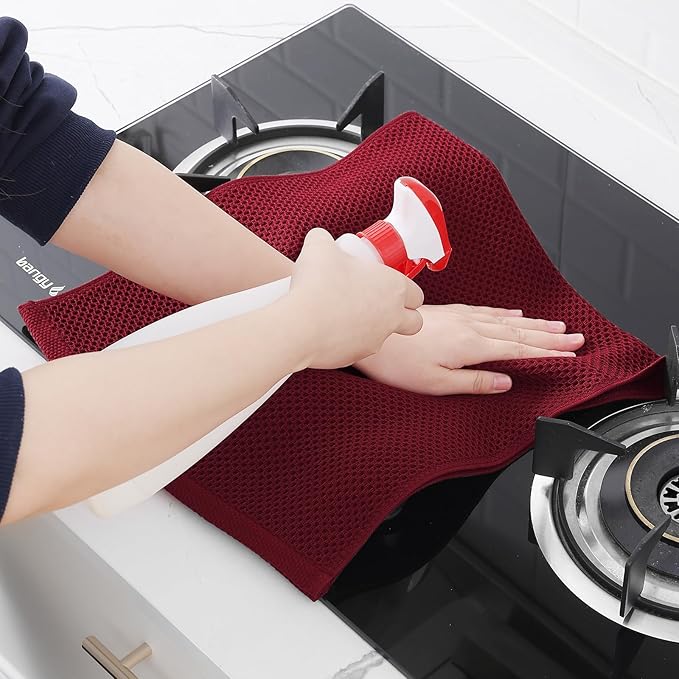 Homaxy 100% Cotton Waffle Weave Kitchen Dish Towels, Ultra Soft Absorbent Quick Drying Cleaning Towel, 13 x 28 Inches, 12-Pack, Burgundy