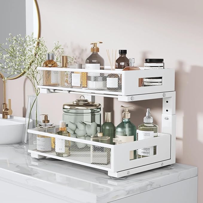 2 Packs 17IN Depth Under Sink Organizer, 2-Tier Pull Out Cabinet Organizer With Smooth Circular Rail, Large Capacity Metal Mesh Sliding Drawers For Bathroom& Kitchen Storage,Height Adjustable –White