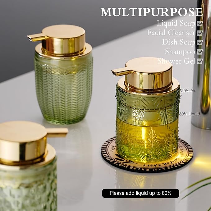 Glass Foaming Dispenser - Refillable Lotion or Soap Dispenser for Kitchen & Bathroom, Large Gold Pump (Leaf Pattern - Green)