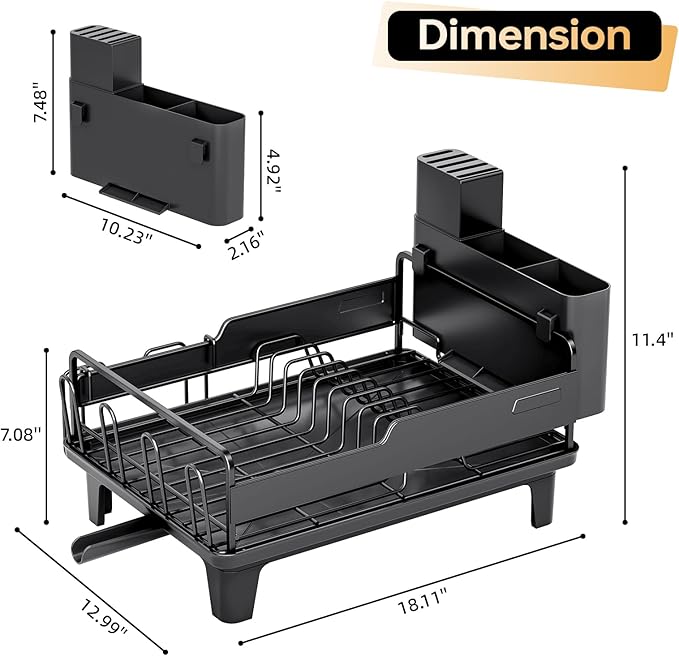 Dish Drying Rack for Kitchen Counter, Countertop Dish Rack with Drainboard, Multifunctional Dish Drainer with Cups Holder & Cutting Board, Home Plate Storage Rack with Cutlery Holder, Black