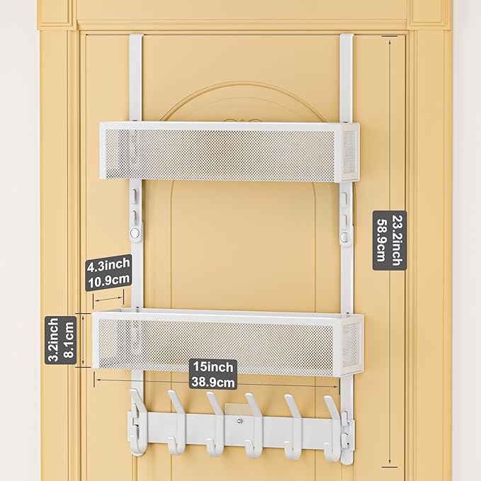 LUCYCAZ Adjustable Over The Door Hooks Organizer, Hanger Storage with 10 Coat Hooks & 2 Mesh Basket, Over The Door Towel Rack Organizer for Bathroom, Bedroom, Kitchen (White)