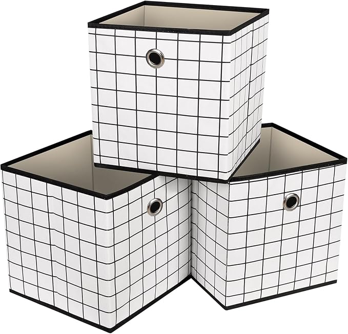 Foldable Storage Cubes Bins,11 Inch Cloth Storage Cube Fabric Storage Box Cubes Organizer Baskets with Dual Handles for Home Organizer Set of 3 (White grid)