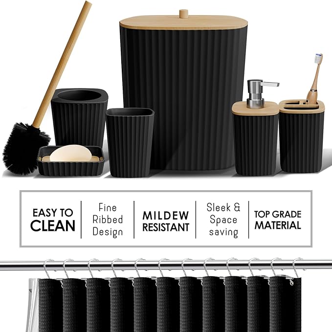 Clara Clark Bathroom Accessories Set - 27PC Bathroom Set with Adhesive Corner Shower Caddy Hanging, Bathroom Sets with Shower Curtain and Rugs, Ombre Black Shower Curtain Set with Bathroom Trash Can