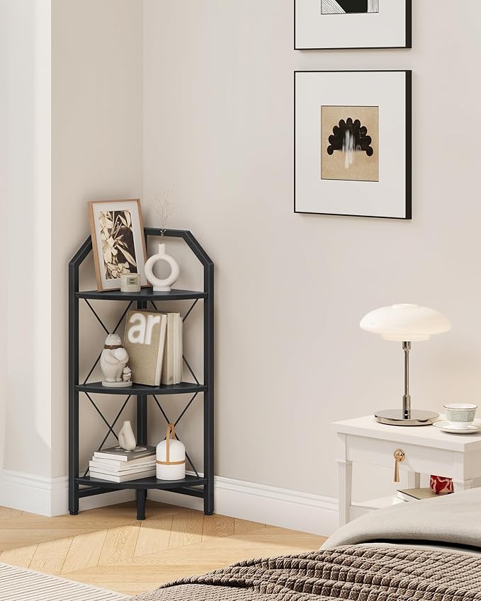 3-Tier Corner Shelf, Industrial Corner Bookshelf, 35.4" Storage Stand, Plant Stand Display Shelf, Bookcase for Bedroom, Living Room, Home Office, Black TCJ03BB ﻿