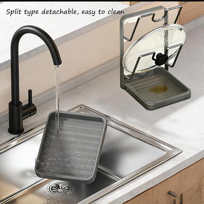 Kitchen Pot Lid Storage Rack, Stainless Steel Pot Lid Holder While Cooking for Countertop, Multifunctional Pots Lids Organizer Rack with Removable Drip Tray for Spatulas, Ladles & Large Lids (Gray2)