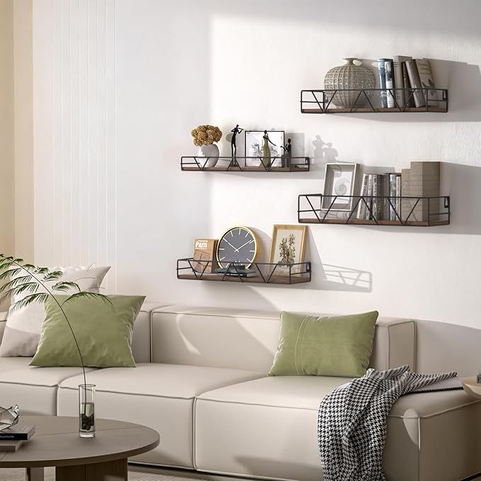 Floating Shelves Set of 4, Home Wood Wall Shelf, Farmhouse Shelf for Bedroom, Wall Mounted Floating Shelf for Living Room, Bedroom, Bathroom, Kitchen, Office (Brown)