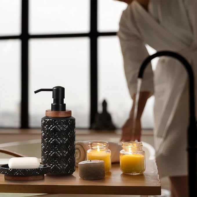 Bathroom Accessories Set 4 Pcs Toothbrush Holder Soap Dispenser Ceramic and Wood Bathroom Decor Set with Toothbrush Cup Soap Dish Tumbler Black