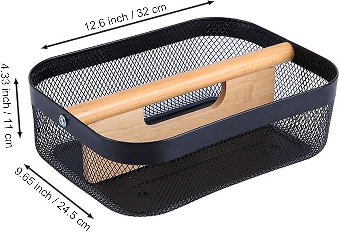 Metal Mesh Steel Storage Basket, Garden Harvest Wire Organizer Basket Multi-functional Kitchen Fruit Basket with Wooden Removable Partition & Handle for Bathroom Picnic Decor Cabinet, Black