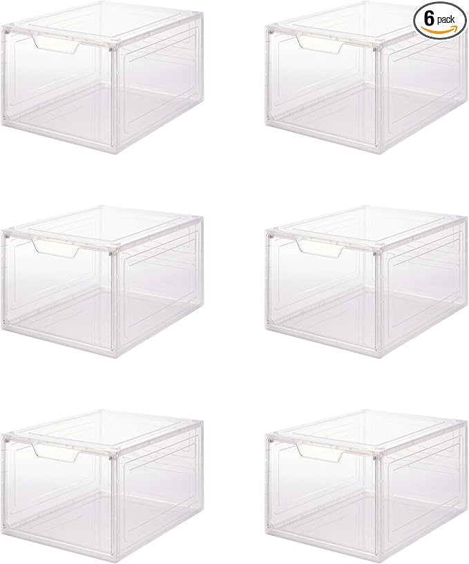 Simplify Shoe Storage Boxes 6 Pack | Easy Assembly | Stackable | Great for Shoe Collectors | Home Organization | Storage | Lightweight | Plastic | Dimensions 13.9" L x 9.8" W x 7" H | Clear/White |