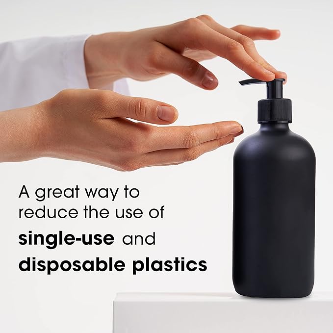 Black Boston Round Glass Bottles, 16oz | Glass Spray Bottle & Soap Dispenser | Reusable for Cleaning & More | Set of 2