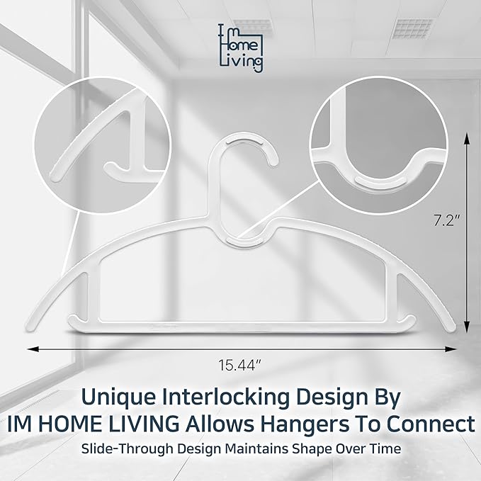 15" Compact Slim & Slimlink Interlocking Clothes Hangers, Space-Saving Lightweight Plastic Hangers for Small Closets, Dorms, Apartments, Travel, RVs & Petite Clothing (White, 50)