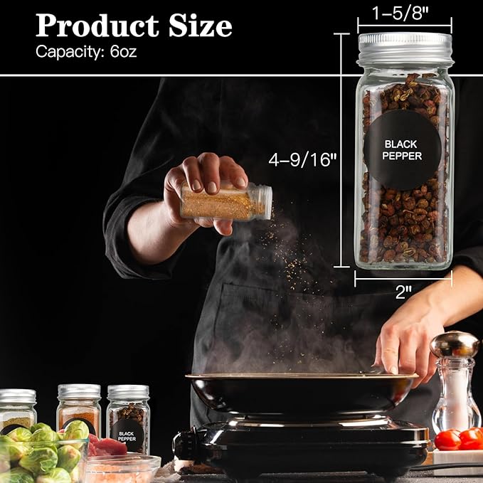 DkOvn 12pcs Glass Spice Jars with Labels, 6oz Empty Spice Jars with Mental Caps, Shaker Lids, Collapsible Funnel, Chalk Pen, Seasoning Organizer for Spice Rack