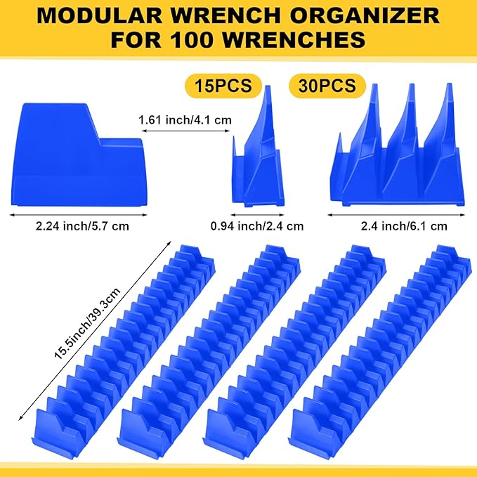 Chunful 100 pcs Modular Wrench Organizer Holder Wrench Tool Organizers Storage Racks Set with Metric & SAE Label for Tool Box Drawer Storage for Father Brother Professional Mechanics Men(Blue)