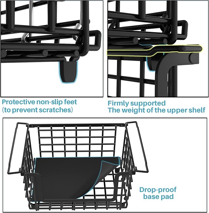 1 Pack Stackable Metal Wire Vegetable Fruit Basket for Kitchen Counter Cabinet, Pantry Organizers and Storage Basket, Food Can Snack Onion Potato Bread Storage Shelf Freezer Organizer Bins Black