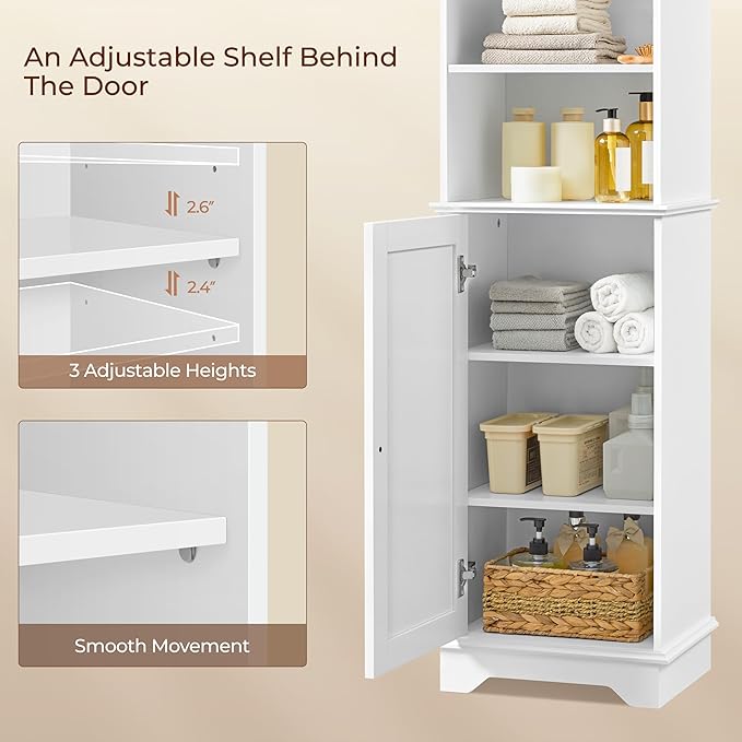 Yaheetech Tall Slim Storage Cabinet with 3 Shelves & Door, Freestanding Linen Cabinet for Bathroom, Living Room, Entryway, 16 x 12 x 60.5 Inches, White