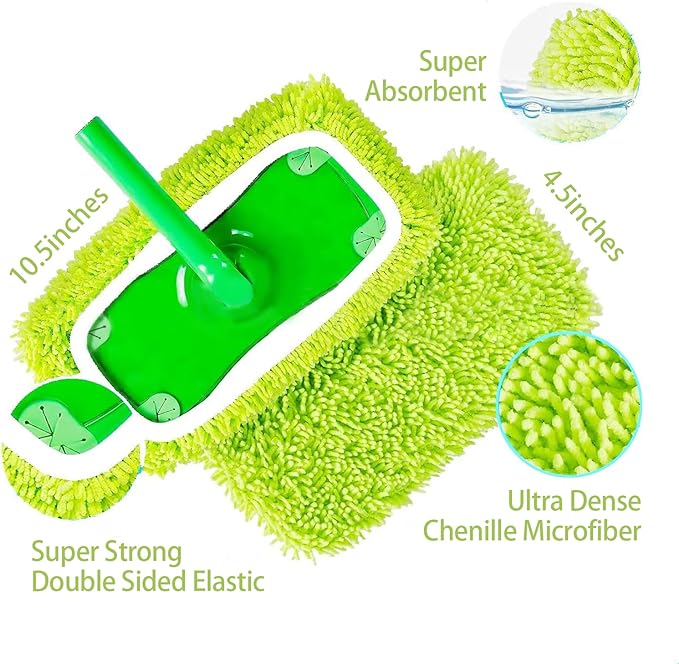 4 Pack Reusable Mop Pads Refill Compatible with Swiffer Sweeper Mop, Microfiber Wet Mopping Cloths for Floor Cleaning, Ideal for Home Cleaning Washable Floor (Green-4 Pack)