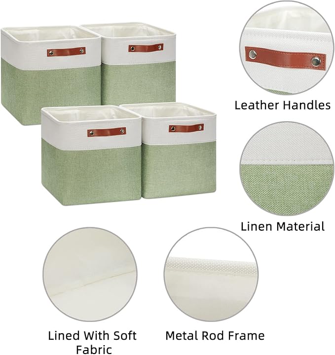 HNZIGE Fabric Storage Cubes Set of 4, 12 x 12 Decorative Bins for Shelf, Toy and Dog Toy Baskets for Kids (Green White)