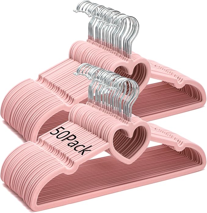 Coloch 50 Pack Pink Velvet Hangers, Non-Slip Clothes Hangers with 360 Degree Rotating Hook Thin Felt Adult Hanger for Coat, Dress, Shirt, Jacket
