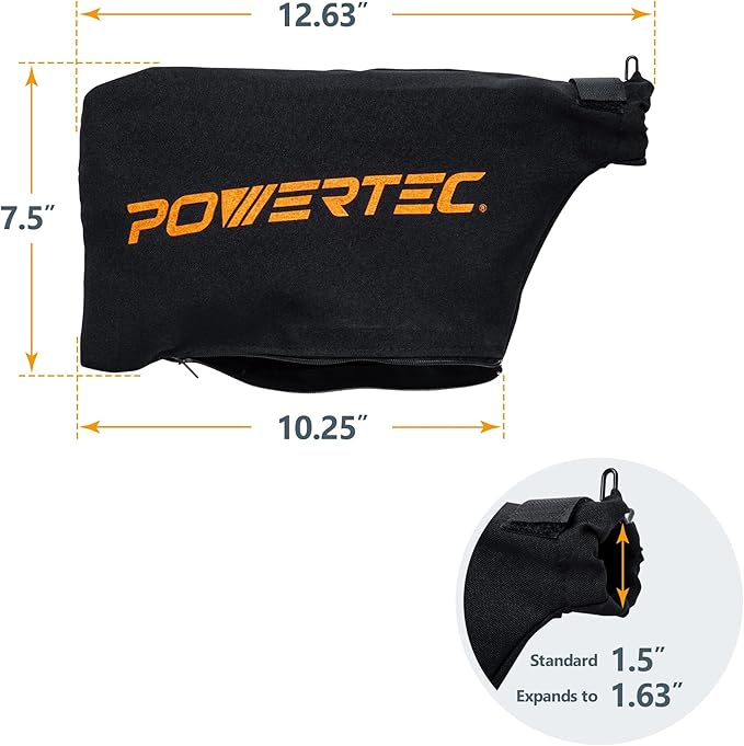 POWERTEC Miter Saw Dust Collector Bag for 7-1/4", 8-1/2" Miter Saw, Fits Nominal 1-1/2" Dust Ports, Hook and Loop Dust Bag w/Zipper, Wired Adjustable Stand Miter Saw Accessories (75081)