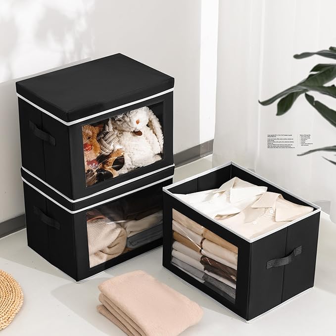 Storage Bins with Lids, 4 Pack Large Storage Cubes with Window, Closet Bins with Lids & Handles, Fabric Box for Organizing Clothes, Towels, Books, Black