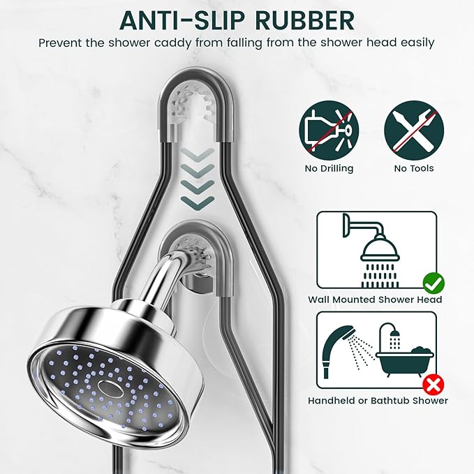 Shower Caddy Hanging Adjustable Shower Caddy, Rustproof Shower Organizer Extended Length Shower Caddies Over Shower Head with Hooks Soap Holder, Large Capacity Anti-Swing Bathroom Organizer, Black