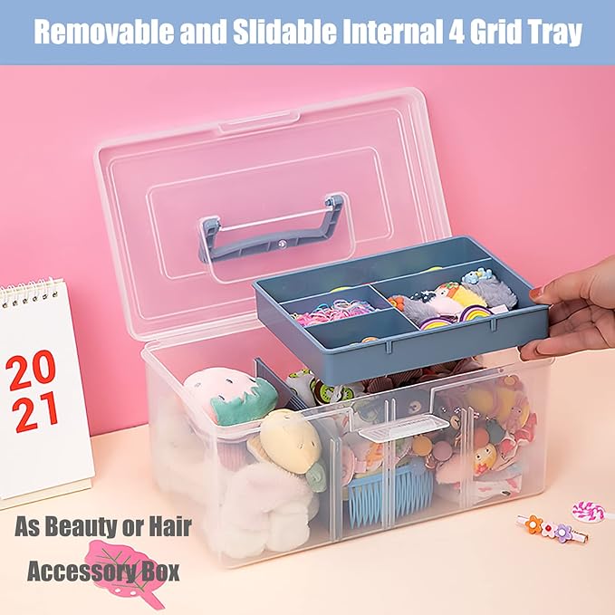 FOREVERIE Clear Plastic Arts & Craft Supplies Organizer Box Large with a Removable Tray & A Partition & Handle, Office Home School Desktop Stationery Storage Box, Medicine Box (Clear & Ocean Blue)