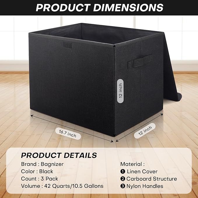 Large 17" 42 Quarts Collapsible Stackable Storage Bins with Lids [3-Pack] Foldable Fabric Linen Storage Boxes Cube, Closet Organizer Baskets with Label (16.7 x 12 x 12, Black)