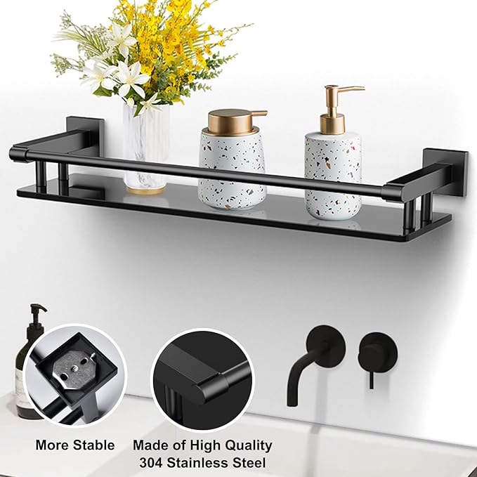 Glass Shelf for Bathroom 20 Inch Bathroom Shelves with Towel Bar, Tempered Glass Shelves with Stainless Steel Towel Holder for Wall Shelf Sink Over Toilet (Brushed Gold Finish)