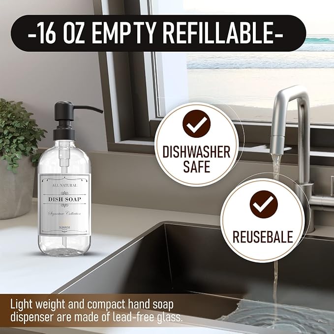 2 Pack Clear Glass Soap Dispenser 16 OZ with Matte Black Stainless Steel Pump, Hand and Dish Soap Dispenser Set for Bathroom and Kitchen Sink with 6 Waterproof Labels