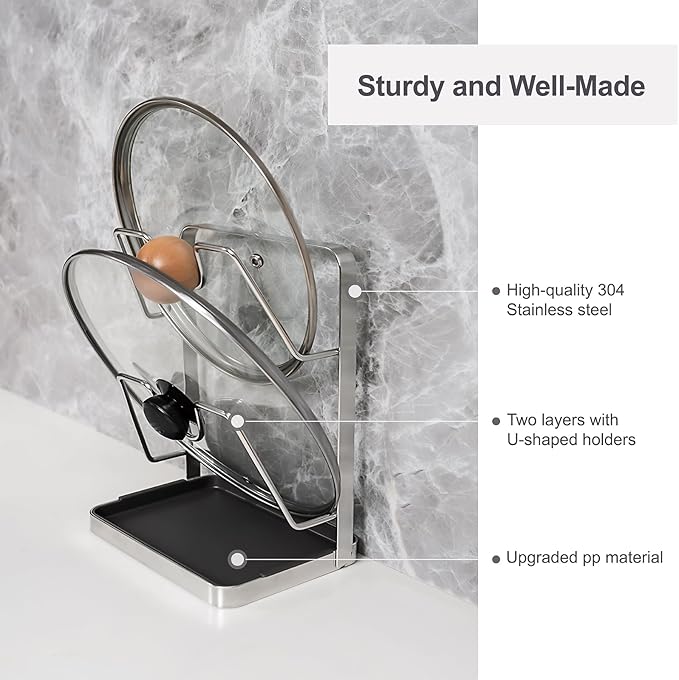 304 Stainless Steel Pot Lid Holder While Cooking, Kitchen Pot Lid Storage Rack for stove top, Multifunctional Kitchen Pot Lid Organizer for Countertop（Silver）