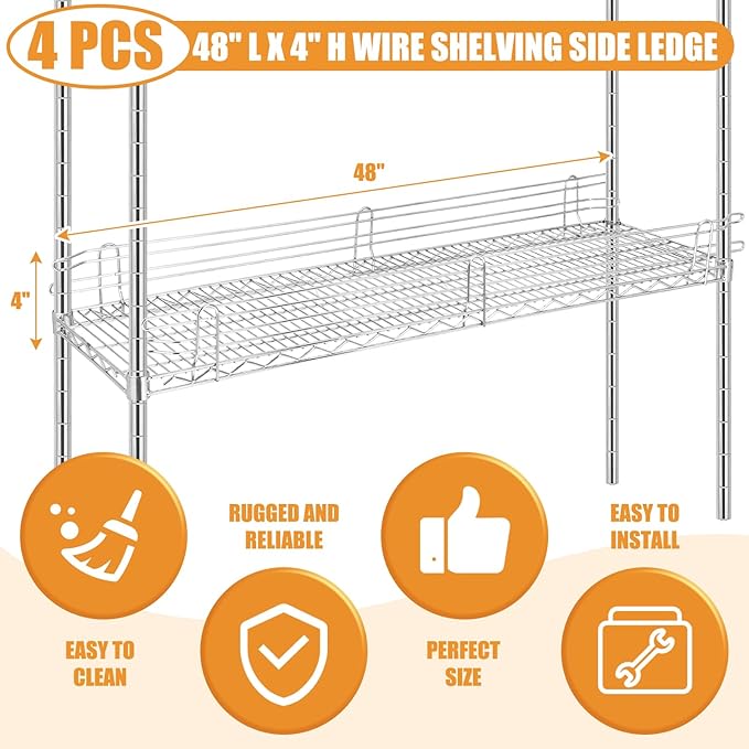 4 Pcs Chrome Wire Shelf Ledge 48 L x 4 H Wire Shelving Side Ledge Metal Shelves Accessories Pantry and Garage Storage (Silver)
