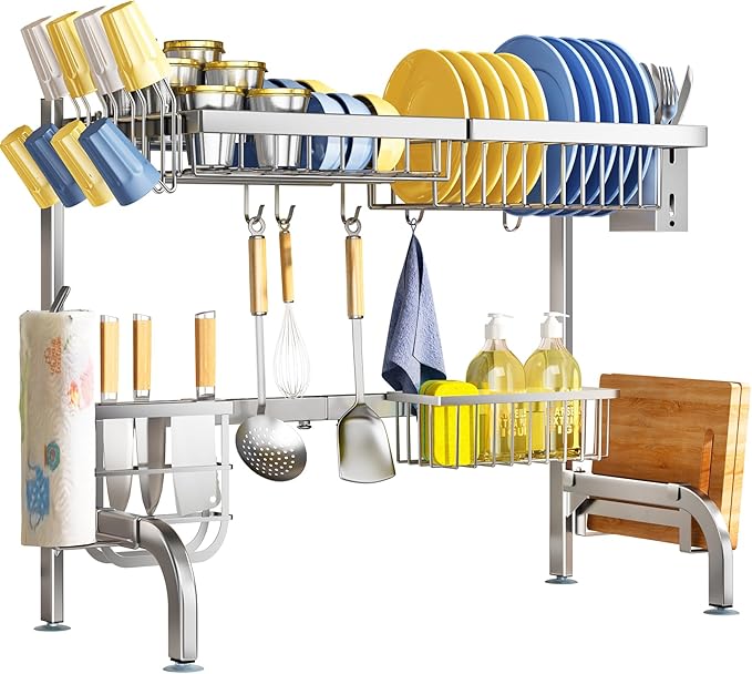 SAYZH Over The Sink Dish Drying Rack, Adjustable (25.5 to 33.5 inch) 2 Tier Metal Steel Dish Drying Racks for Kitchen Counter with Hooks Paper Towel Utensil Cup Holder Sink Caddy (Silver)