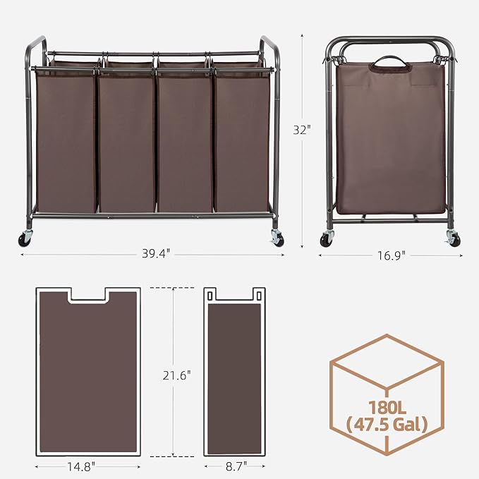 STORAGE MANIAC Laundry Sorter, 4 Section, Laundry Hamper with Wheels, Eco-friendly, Portable, Removable, Waterproof, Brown