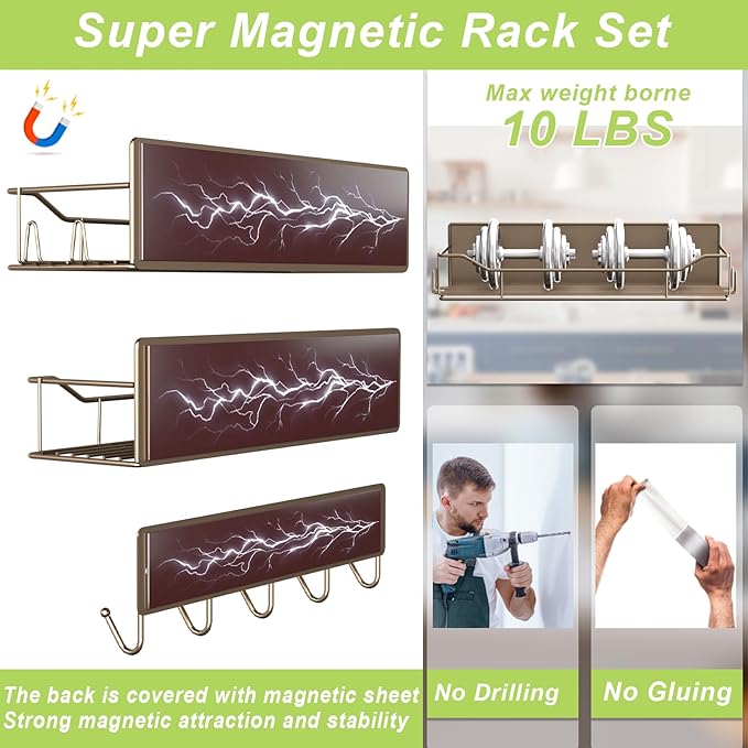 Magnetic Spice Rack for Refrigerator, 5 Pack Metal Strong Magnet Spice Organizer Shelves with Hook Rack, Space Saving Magnetic Fridge Shelf for Home Kitchen Organization and Storage (Brown)