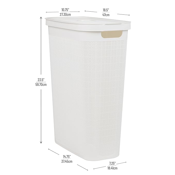 Mind Reader Slim Laundry Hamper with Lid, 40L Clothes Basket, Linen Design, Plastic, White