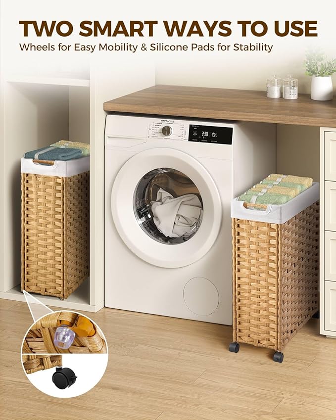 Greenstell Laundry Hamper with Wheels, 11.9 Gallon (45L) Small Clothes Hamper with 2 Removable Liner Bags & 2 Mesh Bags, Slim Rattan Laundry Basket for Bathroom, Bedroom, Natural