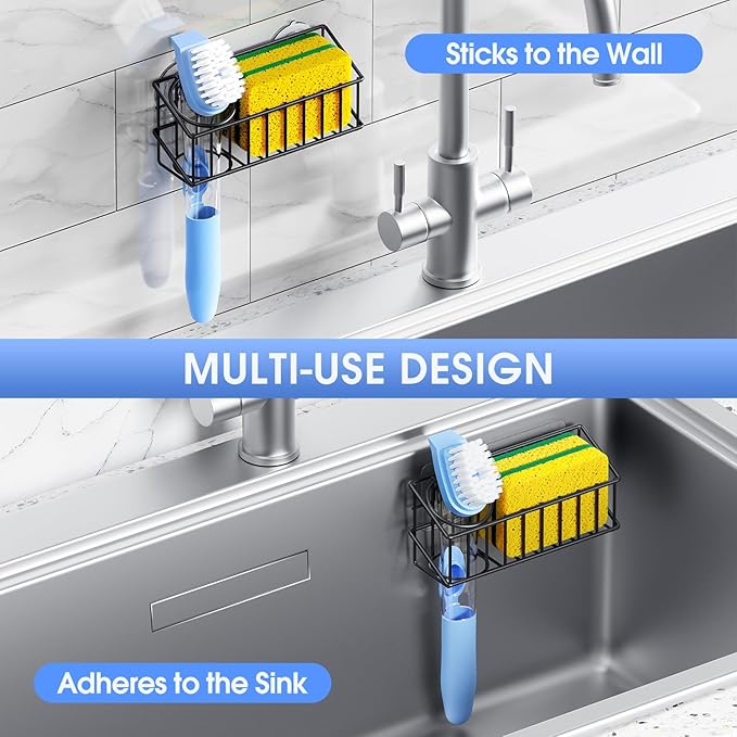 Kitchen Sink Organizer, Strong Adhesive Mount Detachable Sponge Holder for Kitchen & Bathroom Sink with Extra Suction Cups, Holds Sponges, Dish Brushes, Scrubbing Pads