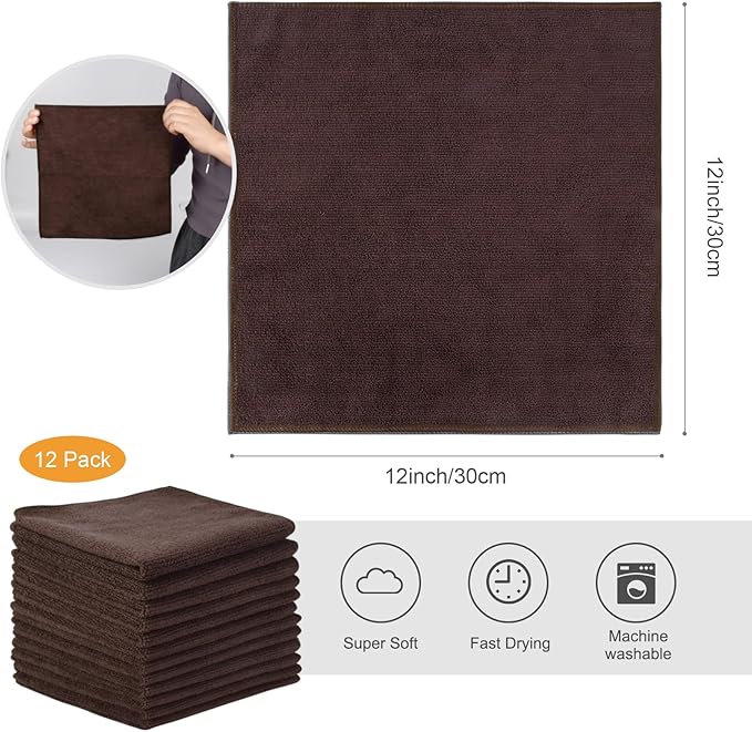SINLAND Absorbent Microfiber Dish Cloth Kitchen No Streak Cleaning Cloth Dish Rags Lens Cloths 12 Inch X 12 Inch 12 Pack Dark Brown