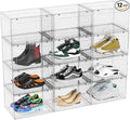 Haodehen 12 Packs Large Plastic Clear Shoe Boxes with Magnetic Door, Acrylic Display Case, Stackable Shoe Storage Organizer Container for Boot Sneaker