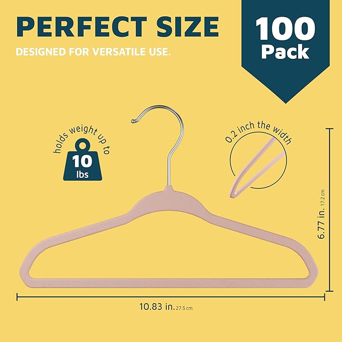Pink Velvet Kids Hangers 100 Pack, 10.83" Non-Slip Baby & Toddler Hangers for Clothes, Space-Saving Slim ABS Plastic with 360° Swivel Hook & Notched Shoulders, Up to 10 lb Capacity