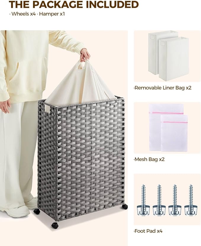 Greenstell Laundry Hamper with Wheels & Handles, 26.4 Gallon (100L) Slim Laundry Basket with 2 Removable Liner Bags & 2 Mesh Bags, Foldable Narrow Clothes Hamper for Bedroom, Bathroom, Closet, Grey