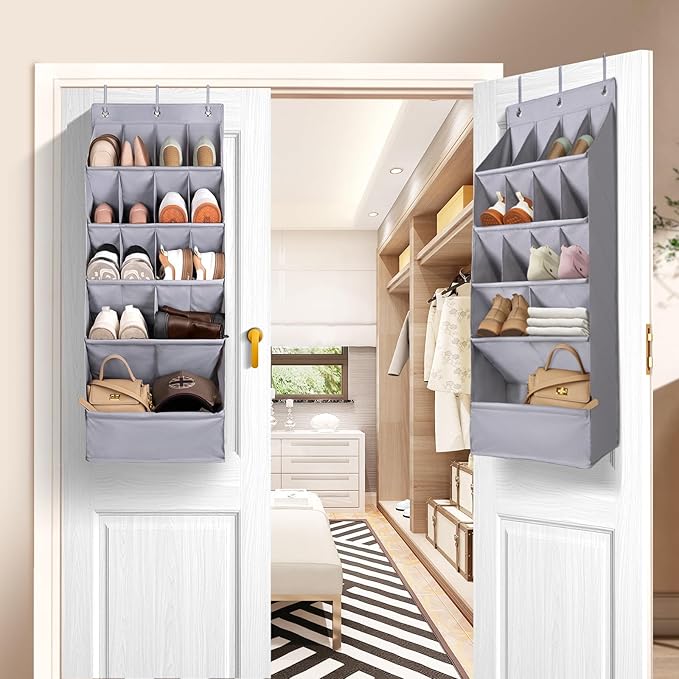 FENTEC 1 Pack Over-the-Door-Shoe-Organizers, Hanging Organizers with Large Pocket Shoe Holder Hanging Shoe Rack for Closet Shoe Organizer for Wall, Over Door Organizer with 15 Pockets Gray