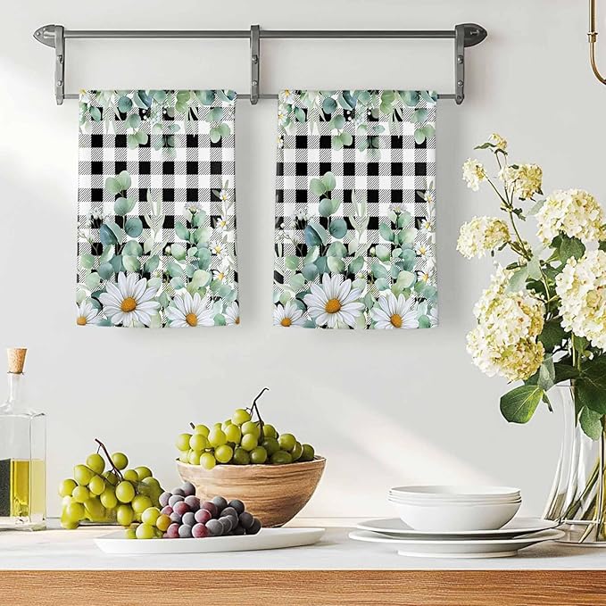 Microfiber Kitchen Towel, Green Eucalyptus Leaves Soft Absorbent Dish Towels, Summer Botanical Daisy Black Plaid Quick Drying Washable Dishcloths for Kitchen Cleaning, Drying Dishes, 18x28 Inches